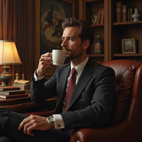 A 40-year-old businessman sits sipping coffee on a leather chair in a vintage-style room