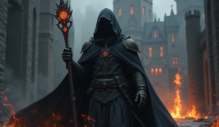 A mage man at his 50' made of black energies and black flames and black smoke, he has 1 black staff carved with glowing symbols, he is a black mage and uses cursed energies against his opponents, he wears black cloak and underneath it he has black mage arm...