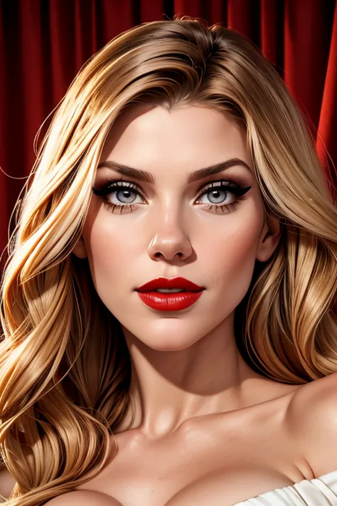 A portrait of a beautiful female whose facial features are a combo of Annalynne McCord + Maitland Ward. The female's hair is untied and hangs loose. The female has lovely makeup on her face. The female wears red lipstick. Symmetrical eyes. Symmetrical face...