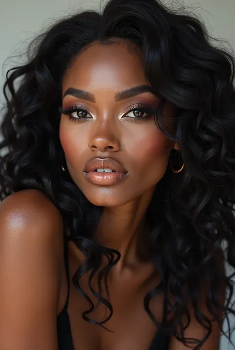 Black transgender supermodel with a big lower lip A and long black Curly hair on a magazine cover 