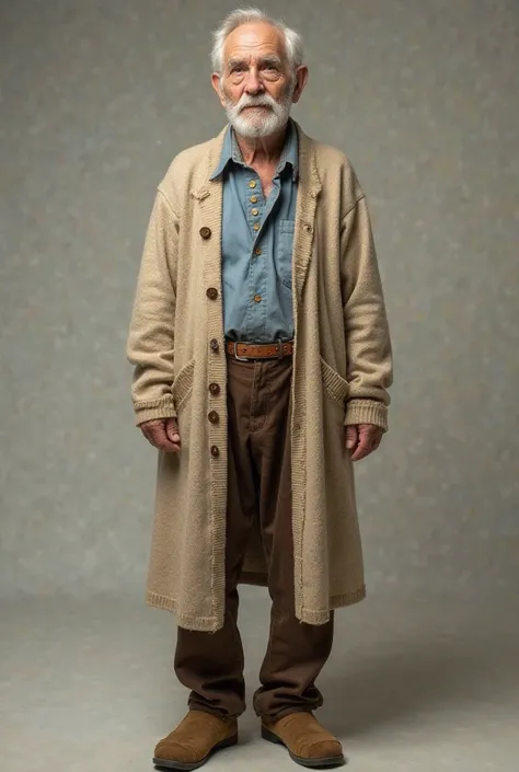 A captivating and realistic full-body portrait of an old men performer, he wears cozy yet aged ensemble that reflects years of wear and nostalgia. He wears a long, tattered beige cardigan with wooden buttons, over a simple blue-colored shirt with a frayed ...