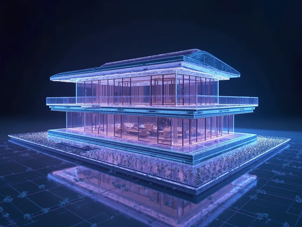 Holographic structure of a medium-sized luxury house. Dark blue holographic line pattern mixed with purple