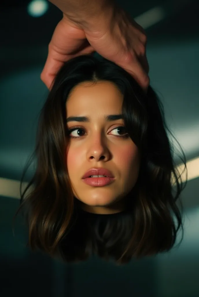 Photo of pretty 20 year old woman's disembodied head being held by her hair. Dark brown, medium lenth hair. Scared facial expression. Gorgeous face. Latina. Man's hand pulling her hair. She has an expressive frightened face. Hand holding a disembodied head...