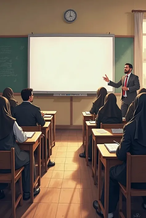 Curriculum and Methods of Teaching: Arabic Language and Islamic Religious Education. classroom room with white board in front, ihkwan and akhwat separate