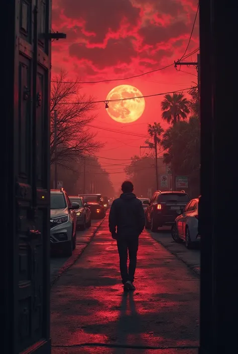 "First-person perspective (POV) of someone stepping onto their street at dawn, the air thick with tension. Their hands grip the doorframe as they take a shaky breath. The sky is a deep crimson, swirling with unnatural clouds. The sun hangs in the sky, but ...