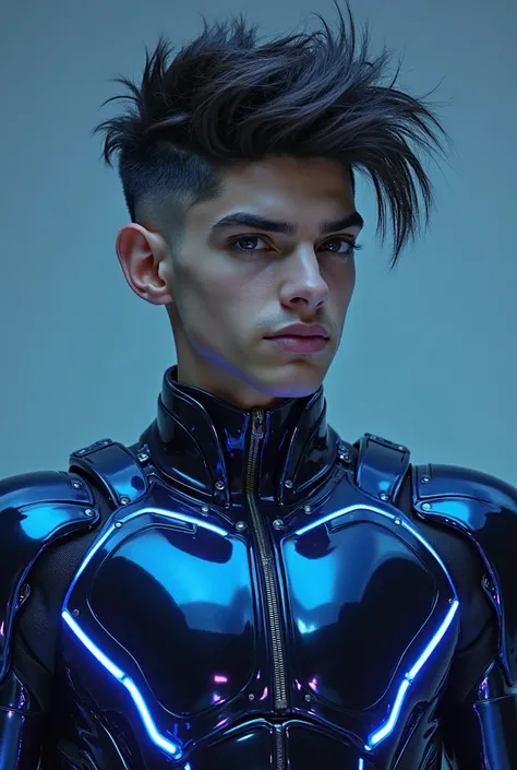 a 18 year old male with a soul patch and an 80s flow hair cut with a human head and human top half and the rest being bulky navy blue chrome with electric blue lights, maintaining a human appearance full body view 