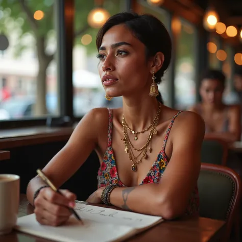 A realistic photograph of a young Moroccan woman sitting at a table writing a letter in a coffee shop in Copenhagen , coarse-pored skin , Crunchy wide nose,  dark eyes,  She looks into the distance , Hair sheared to 8 mm short,  wide eyebrows  ,  no excess...