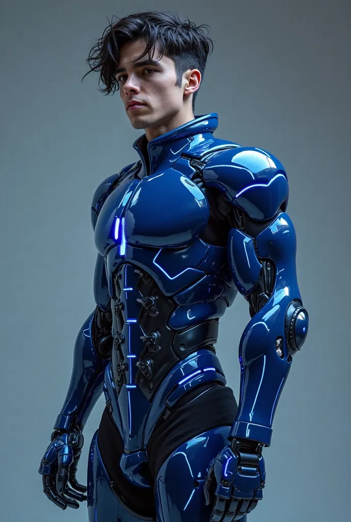 a 18 year old male with a soul patch and an 80s flow hair cut with a human head and human top half and the rest being bulky navy blue chrome with electric blue lights, maintaining a human appearance full body view 