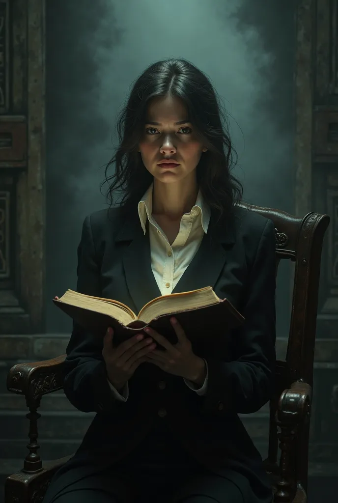 Serious intellectual white woman with book in her hands dark horror