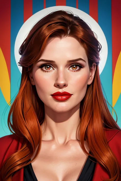 A beautiful female whose facial features are a combo of Sophie Thatcher + Geena Davis. The female's hair is untied and hangs loose. The female has lovely makeup on her face. The female wears red lipstick. Symmetrical eyes. Symmetrical face. Lovely details....