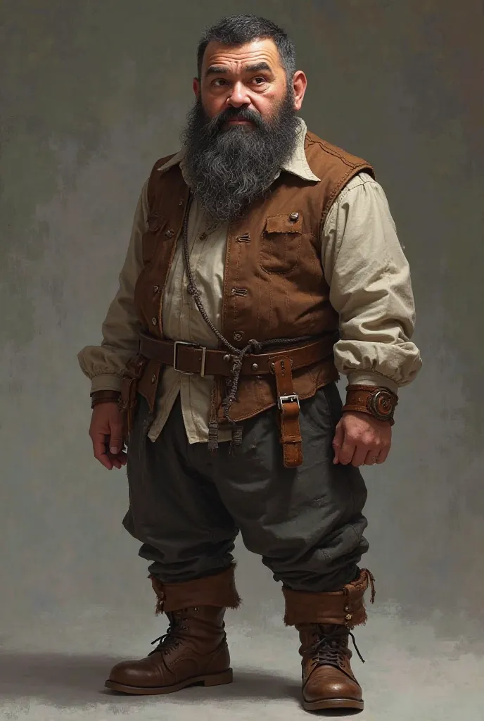 A dwarf man of approximately 40 years old, with 1,05 m tall , compact body provided.  His face is strong and expressive , with a full and well-groomed beard, deep brown eyes and thick eyebrows. He has slightly tanned skin and subtle wrinkles around his eye...