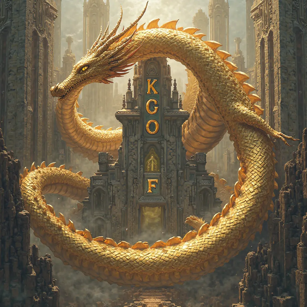 A LONG SPARKLING GOLD COLORED DRAGON SURROUNDS THE BUILDING WITH TEXT "KOF"