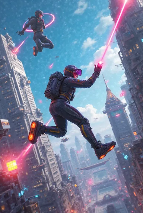 
"Create an ultra-realistic illustration of a futuristic sport called Sky Dash. The scene shows players jumping between aerial platforms while throwing glowing plasma discs. The arena hangs in the sky, with a futuristic city background and neon lighting ef...