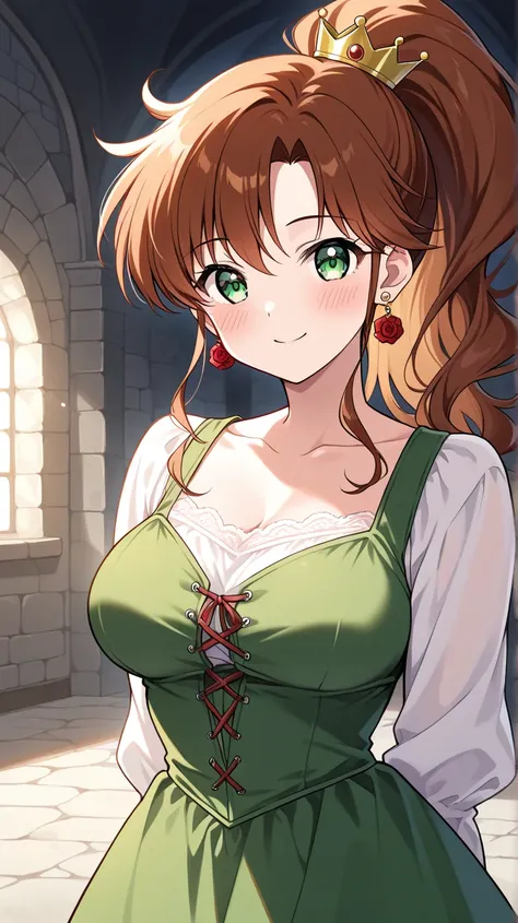 1 girl, obra maestra, mejor calidad, SMiLE, LONg hair, blush face, Brown hair, green eyes, ponytail hairstyle, medium boobs, rose earrings, red earrngs, hair accessory, Kino Makoto, INSIDE CASTLE, MEDIEVAL PRINCESS DRESS, GREEN DRESS, HANDS BEHIND BACK, LO...