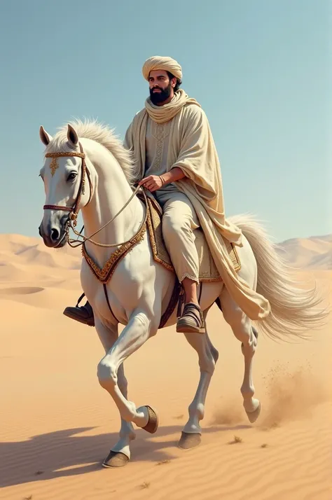 Muslim man riding a white horse
does not have a mustache and beard