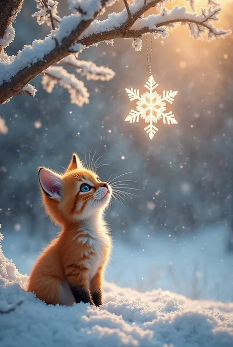 Scene 2: Magic Snowflake

  Offer:
  A kitten stands on the snow and gazes in wonder at a delicate, sparkling crystal snowflake hanging from a frost-covered tree branch.  When the fox came to the cat, the cat got scared.  The snowflake emits a soft, mystic...