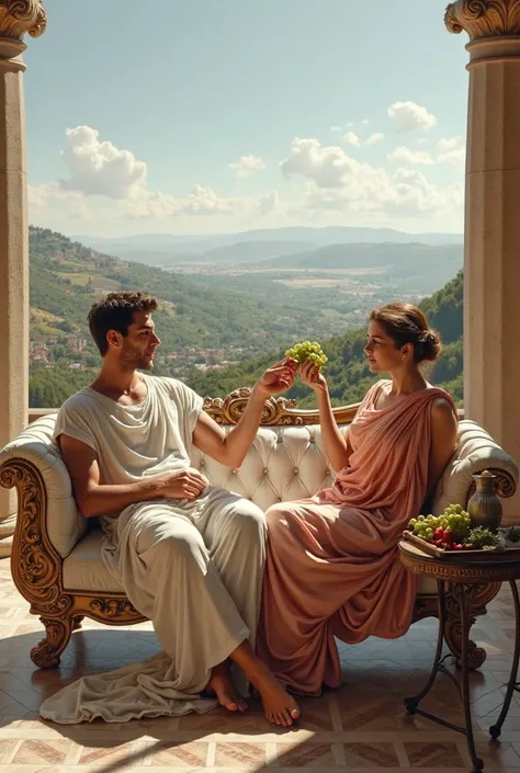 A classical painting of a young Roman man and woman reclining on a luxurious couch on an open Roman terrace, the woman feeding the man green grapes, both in elegant Roman attire (white tunic with red sash for the man, flowing pastel stola for the woman), v...