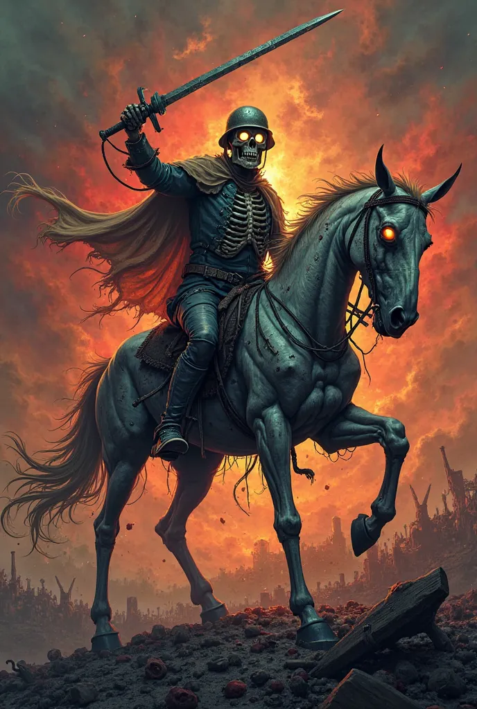 Gray horse in a state of rotting bones riding with luminous yellow eyes on top of it is a rider who is a skeleton with bloodstains and worms who holds a long sword he also has a soldier's helmet in the background there is a scene of war and death with fire...