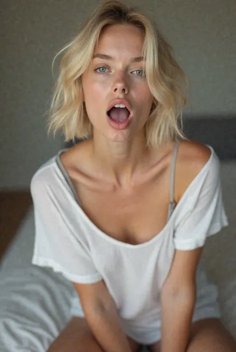 20-year-old blonde Swedish girl, short hair and blue eyes with an open mouth showing her tongue. She has a small chest and her knees and hands are on the floor. She is wearing a loose white t-shirt with very thin straps. She doesn't wear a bra and shows he...