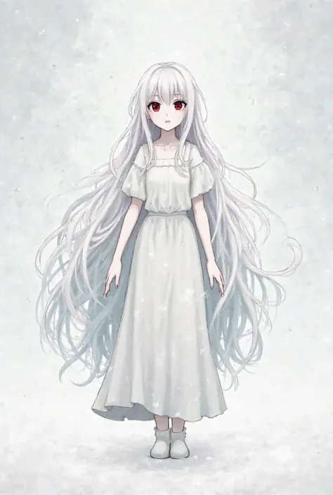 1girl, , small tits, long white summer dress, simple dress, very white skin, snow white body color, white nails, without boots, small white fangs, dark red eyes, white long eyelashes, white long eyebrows, white extra very long hair