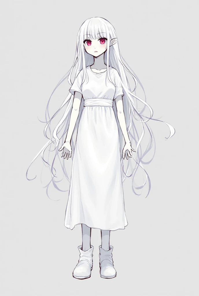 1girl, , small tits, long white summer dress, simple dress, very white skin, snow white body color, white nails, without boots, small white fangs, dark red eyes, white long eyelashes, white long eyebrows, white extra very long hair