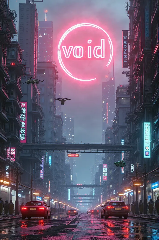 cyberpunk city with the word "void" written clearly in the background