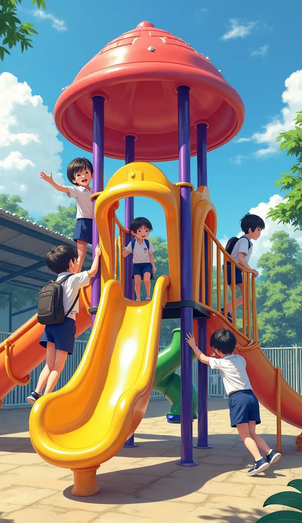 A group of young Asian ren in school uniforms are playing on a colorful playground set during daytime. The playground structure includes a bright yellow playhouse with a red mushroom-shaped roof, a purple metal frame, an orange slide, and a green spiral sl...