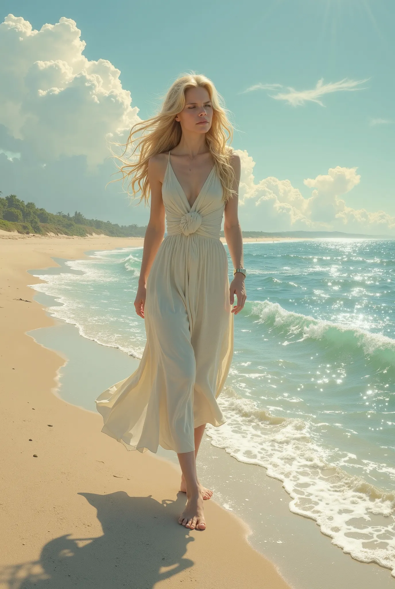 Créer une image d'une femme blonde long cheveux, triste, qui marche pieds nus sur le sable en bord de mer

