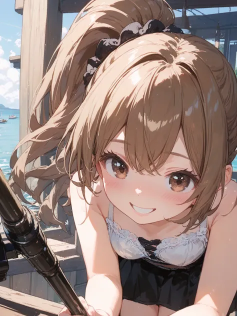 detailed fishing, close up slim girl , brown hair ponytail brown eyes , Masterpiece, ultra quality, bestshot, ultra detailed small slim face ,  blush shy, big mouth smile