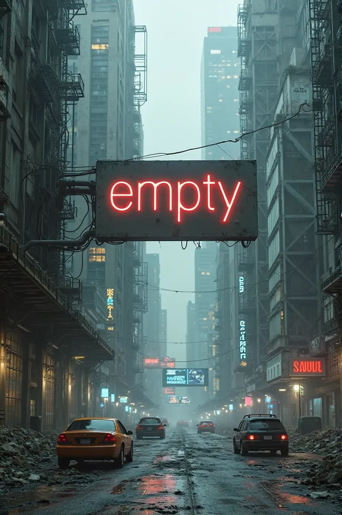 cyberpunk city with the word "empty" written clearly on a sign on a building