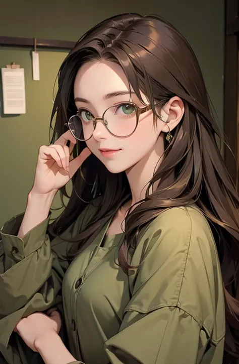 ((   masterpiece、High quality)). ((Laugh gently))、dark brown hair and olive green eyes、The Wise Princess in the Den with intelligent glasses