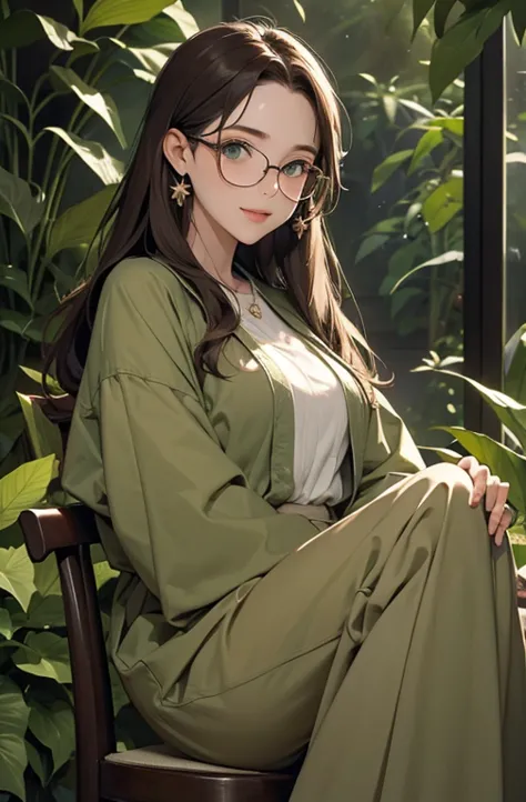 ((   masterpiece、High quality)). ((Laugh gently))、dark brown hair and olive green eyes、The Wise Princess in the Den with intelligent glasses