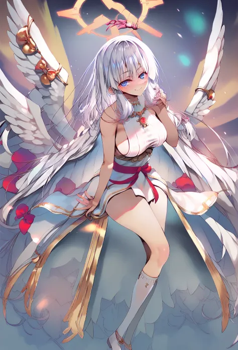  points  _9,  points  _8_go up  ,  points  _7_go up  , source  _anime, 1 girl, bangs, white hair,greek goddess,,laurel,smiling,necklaces,big wings,open breasts, White dress, sleeveless dress, backless dress, low cut ,Sacred Headgear , halo on top,socks,dei...