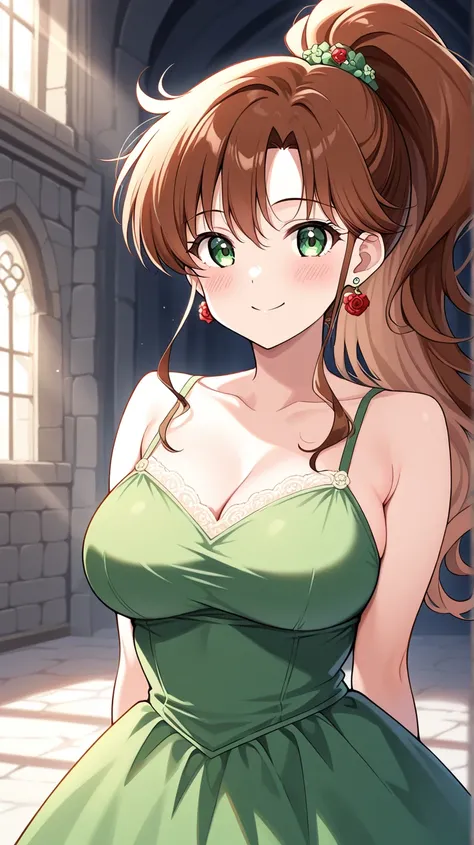 1 girl, obra maestra, mejor calidad, SMiLE, LONg hair, blush face, Brown hair, green eyes, ponytail hairstyle, medium boobs, rose earrings, red earrngs, hair accessory, Kino Makoto, INSIDE CASTLE, PRINCESS DRESS, GREEN DRESS, HANDS BEHIND BACK, LOOKiNG AT ...