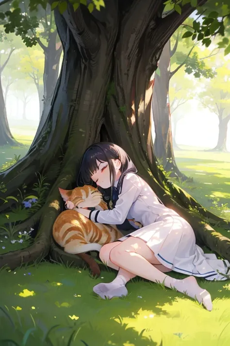 A tree that was planted a long time ago grew high and upward。A girl is sleeping under a tree。Sunlight filtering through the trees illuminates the girl。A calico cat is sleeping on the girl's side