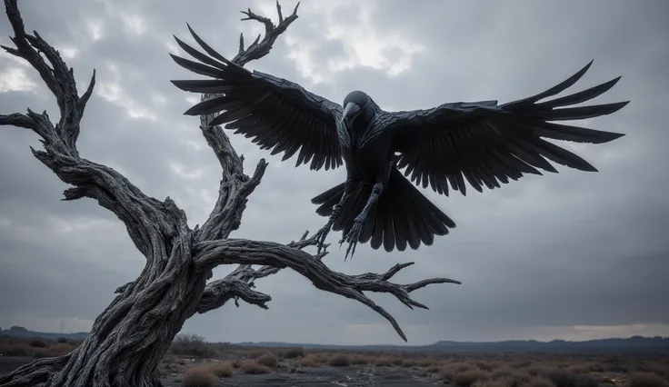 A raven flies off a barren tree branch, his wings cast a shadow.