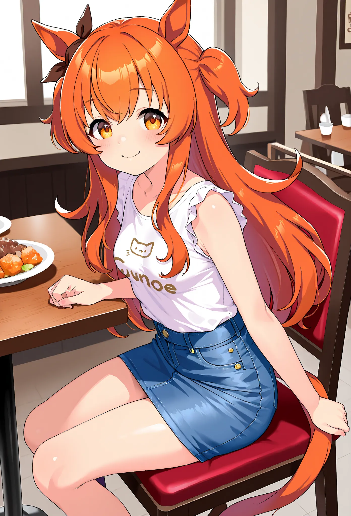  mayano topgun  (\ umamusume\), YOUNG GIRL、so cute、 small、Tight Breasts、denim skirt、orange hair、 Top quality backgrounds、restaurant、cat ears、cat&#39; s Tail、（ eat）smile、Vision、Sit on a chair、Face your uncle 