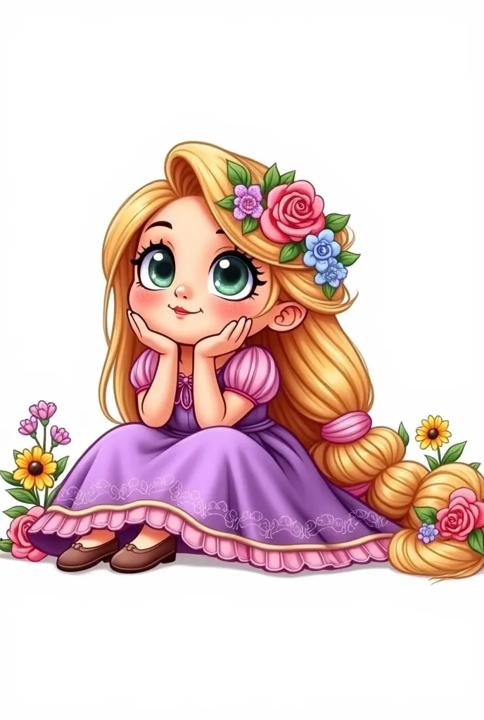 I want you to make me this painting of Reem on a newborn baby dress with the name Ramallah written with threads. Rapunzel is painted in colors and looks natural and the rose in her hair is embroidered with clear beads