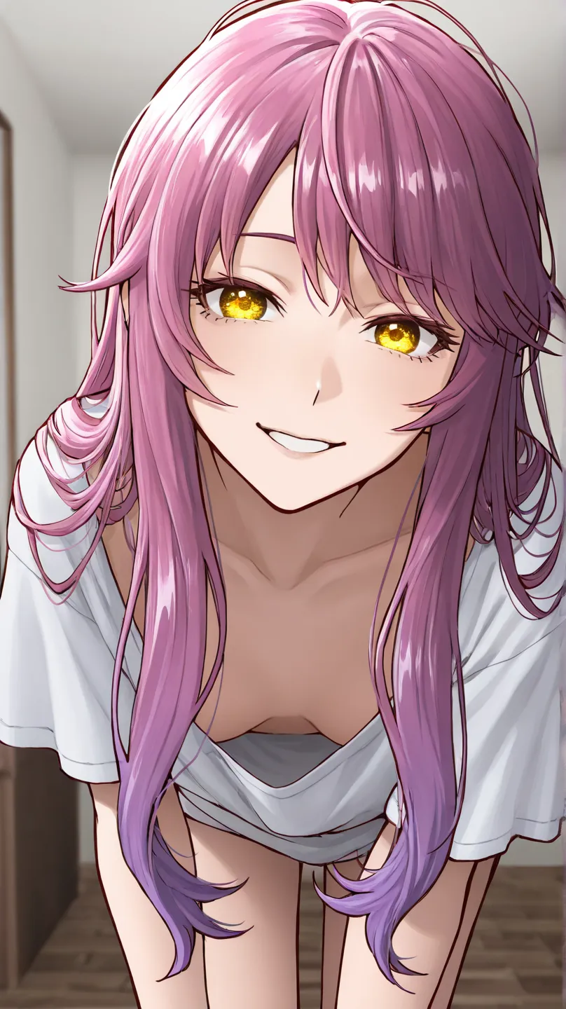  PORTRAIT OF 21 year old woman , asuna yuuky,  with YELLOW eyes and violet hair, loose t-shirt,  leaning forward , small breasts,  blouse extended downwards ,  long hair,  pretty face, woman with violet hair and yellow eyes, rostro perfecto, serene face, d...