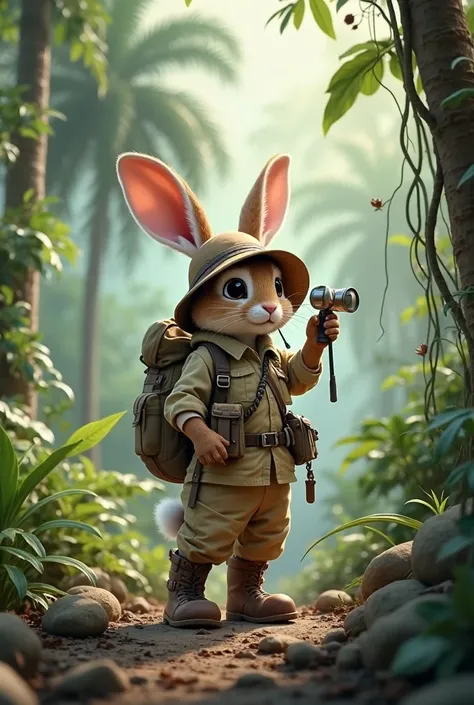 Rabbit in jungle,Wear expedition clothes and bring magnifying glasses