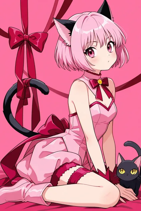 make a tokyo mew mew fanart of mew ichigo pink short hair with pink outfit with black cat ears and black cat tails with big ribbon on thail