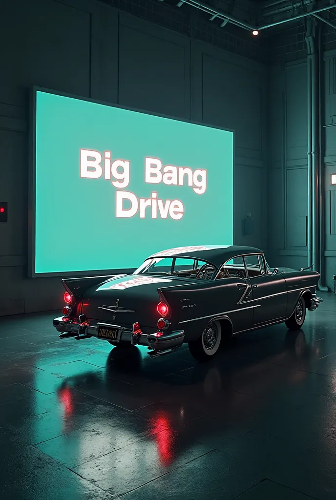 A TV with “Big bang drive” on it and a car on the back of the sign