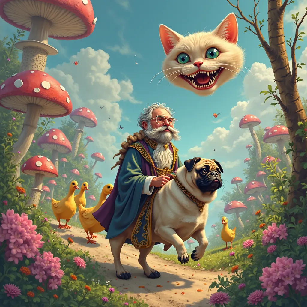 A pastor with ducks ride a pug through Wonderland, they are watched by a Cheshire cat