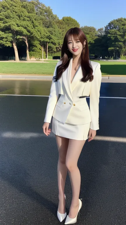 8K,  highest resolution, Wore a strict black business suit ,  full body image of a Japanese woman standing ,  full-body image of a Japanese woman in an empty park , wearing a strict white business suit, white very short skirt, I'm wearing white ankle strap...