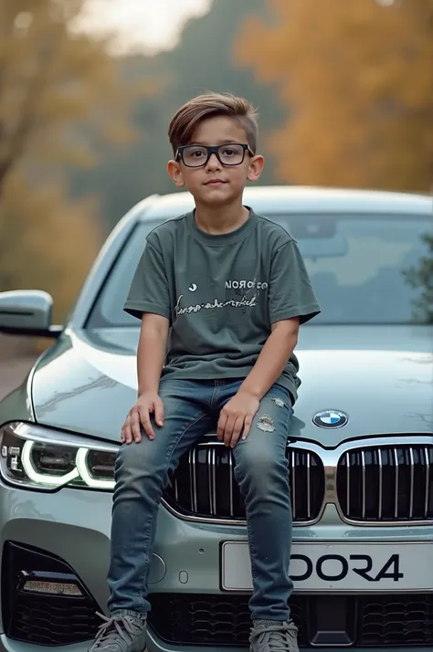 create a realistic image of a young boy sitting on the bonnet of a sleek BMW car. He is wearing black glasses and has a confident expression. The BMW car's number plate reads 'NOORA'. The background is blurred, focusing attention on the boy and the car