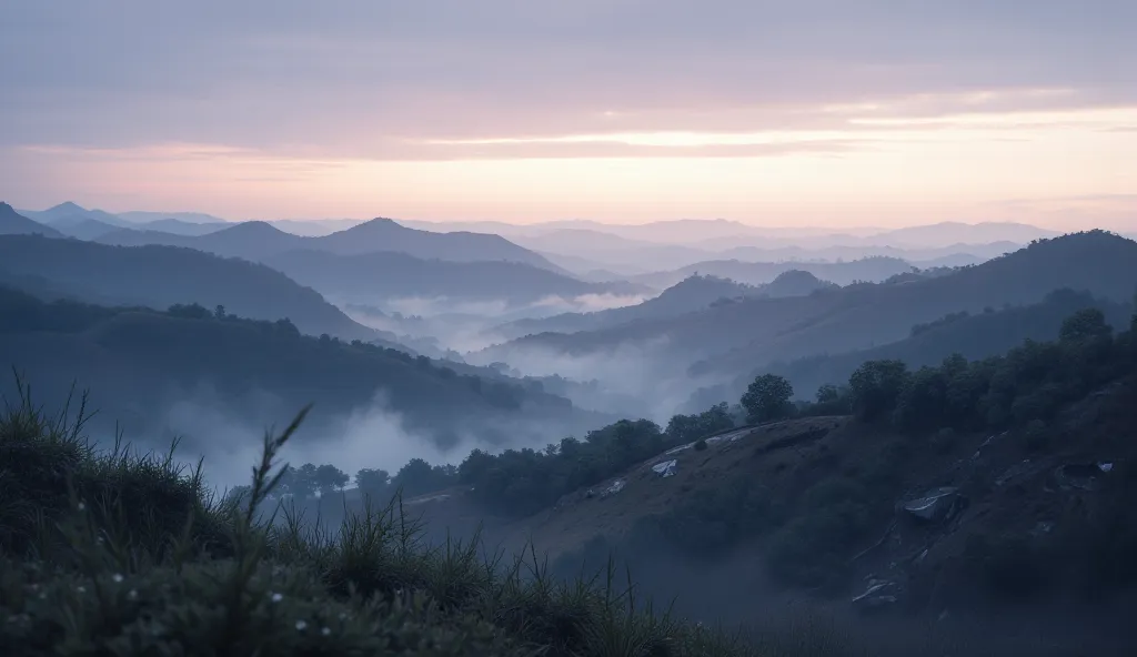 evening twilight covers the hills, blurred landscape contours.