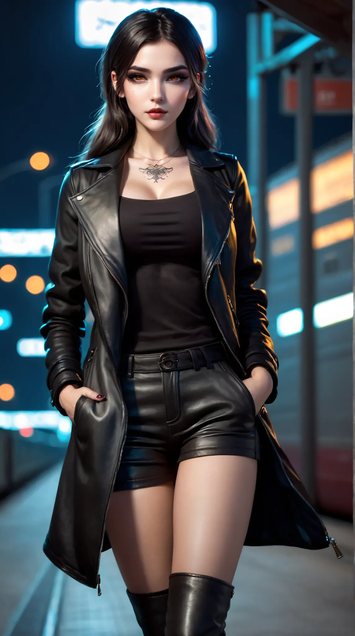 Charlie Bowater，A cool girl，High Value 1.5，Fine Tailor 1.5，Sexy Lip Edge 1.0，full body shot，High realism， High detail， HD ，8K quality，Sharp Eye，Yellow eyes ，Round rolling big eyes，looking_up , Dark Hair，short ponytail，Bra Vest，Fit Black Leather Jacket，blac...