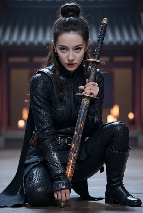 A battle scene in which a female ninja lands、Place one hand on the floor and hold the wuxia long sword horizontally in front of your face.、Intricate chain mail that fits the body perfectly、Black thin mask with only the eyes visible、Serious Eyes、Low fightin...