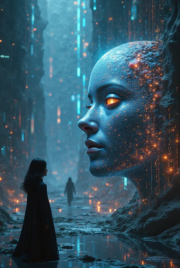 An image combining data visualizations with AI elements, such as neural networks or robots, to symbolize the fusion of technology and storytelling.