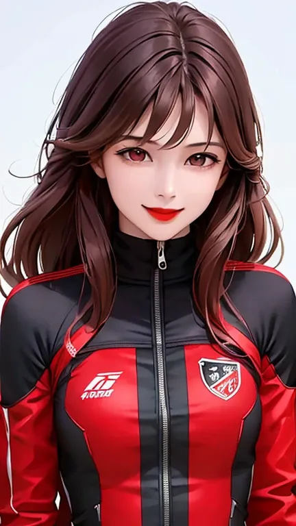 woman , long hair brown, normal, dark, she is solo, from alternative world ,best quality, realistic, cycling (full red color) suit and cycling sports black shorts, she is stand , smile, red lipstick , 